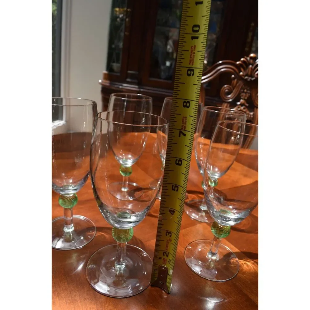 Set of 6 Vintage Green Spiral Ball Stem Wine Goblets Hand Blown Clear Bowl 7.5in